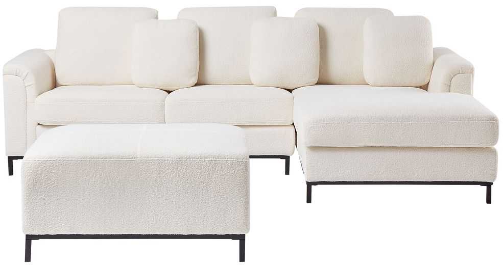 Beliani 5 vietų kampinė sofa OSLO Boucle balta su pufu, kairinė