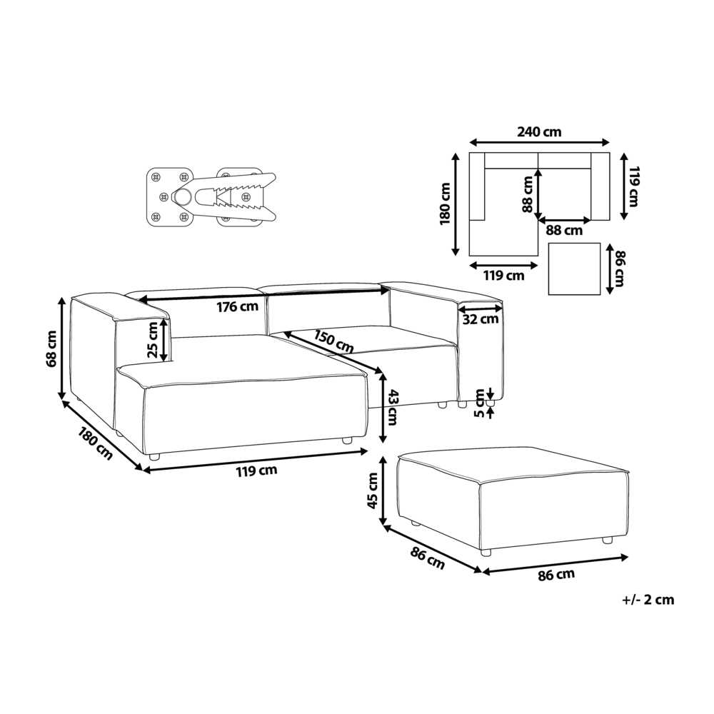 Beliani Trijų vietų modulinė kampinė sofa ARDAL dešininė, šviesiai ruda, velvetas su otomanu