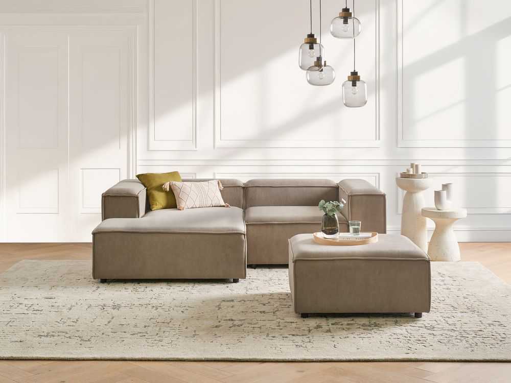 Beliani Trijų vietų modulinė kampinė sofa ARDAL dešininė, šviesiai ruda, velvetas su otomanu