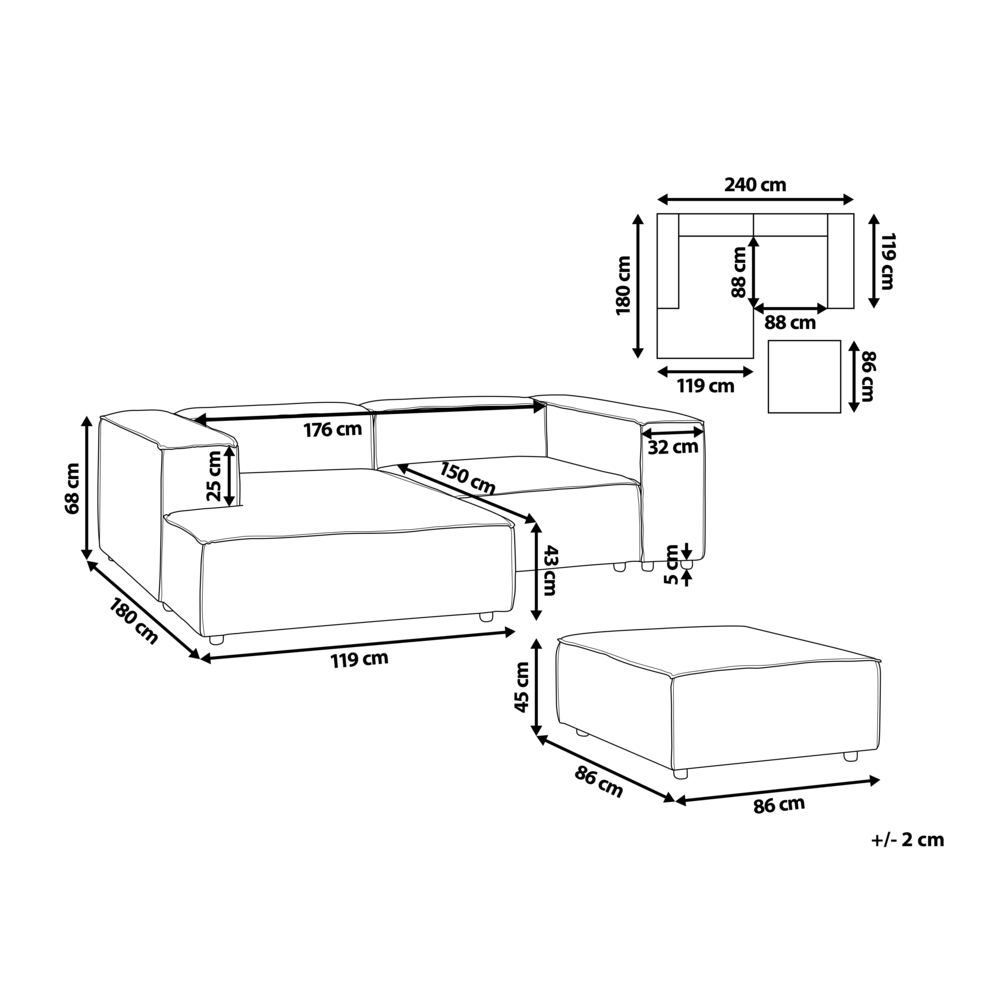 Beliani ARDAL modulinė kampinė sofa 2 asmenims su pufu, smėlio spalvos, dešinė pusė