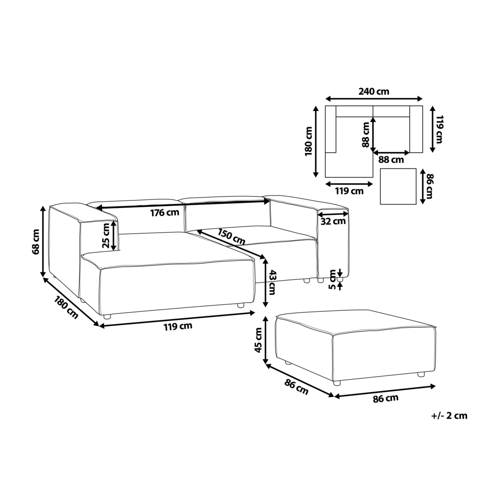 Beliani Trijų vietų modulinė kampinė sofa ARDAL dešininė, šviesiai ruda, velvetas su otomanu
