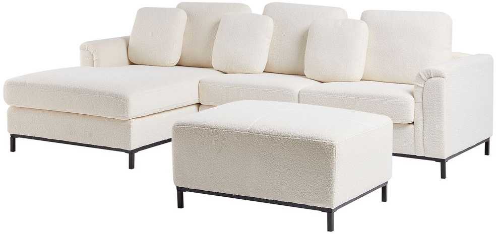 Beliani 5 vietų kampinė sofa OSLO, balta, bouclé audinys, su atrama kojoms, dešininė
