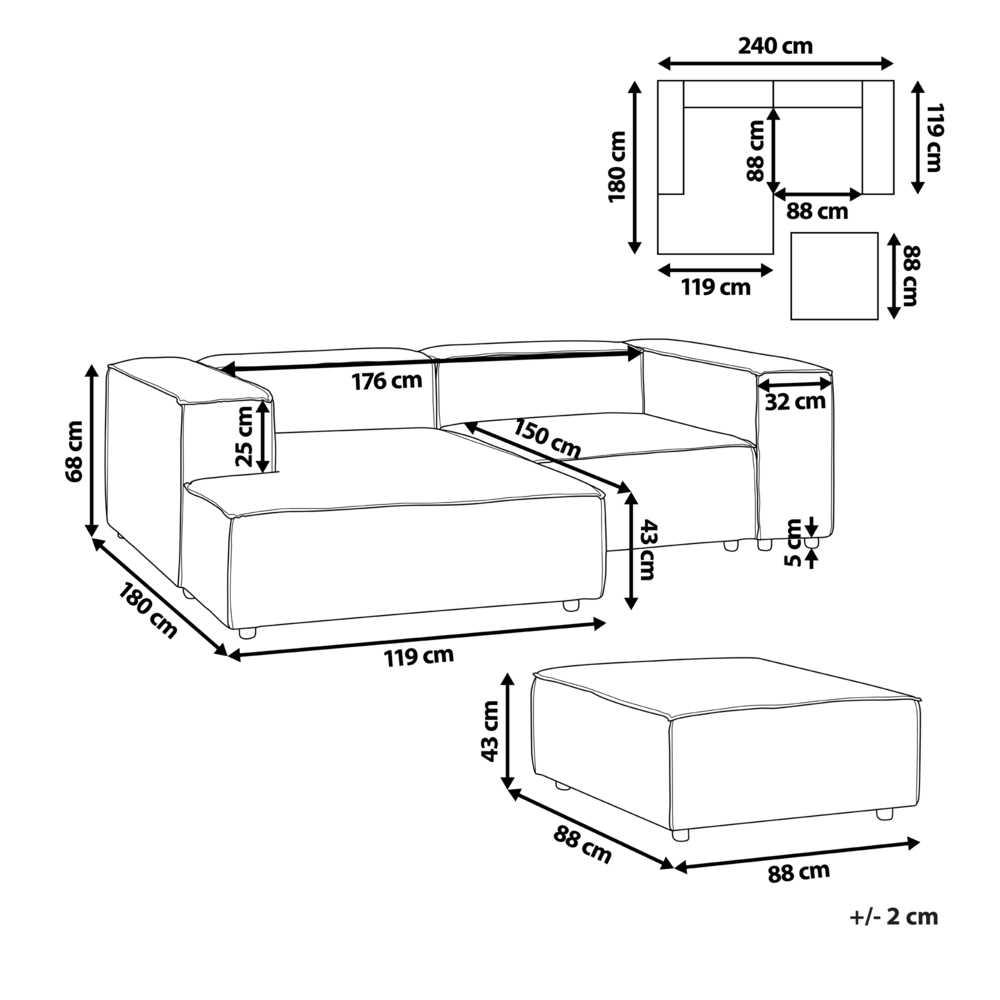 Beliani Modulinė 2 vietų sofa APRICA iš sintetinio lino, bežinė su otomanu, dešininė