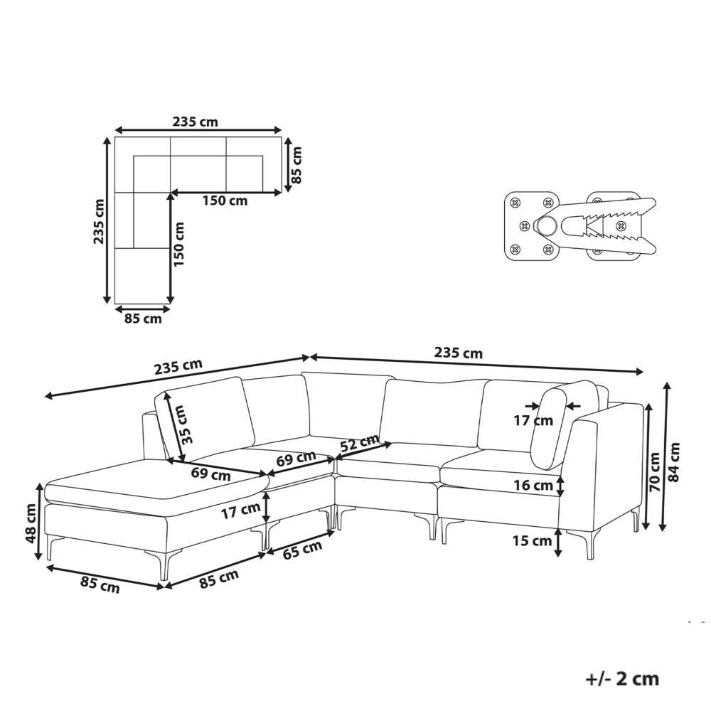 Beliani 4 vietų modulinė sofa EVJA, dešininė, pilka, veliūrinė, su otomane