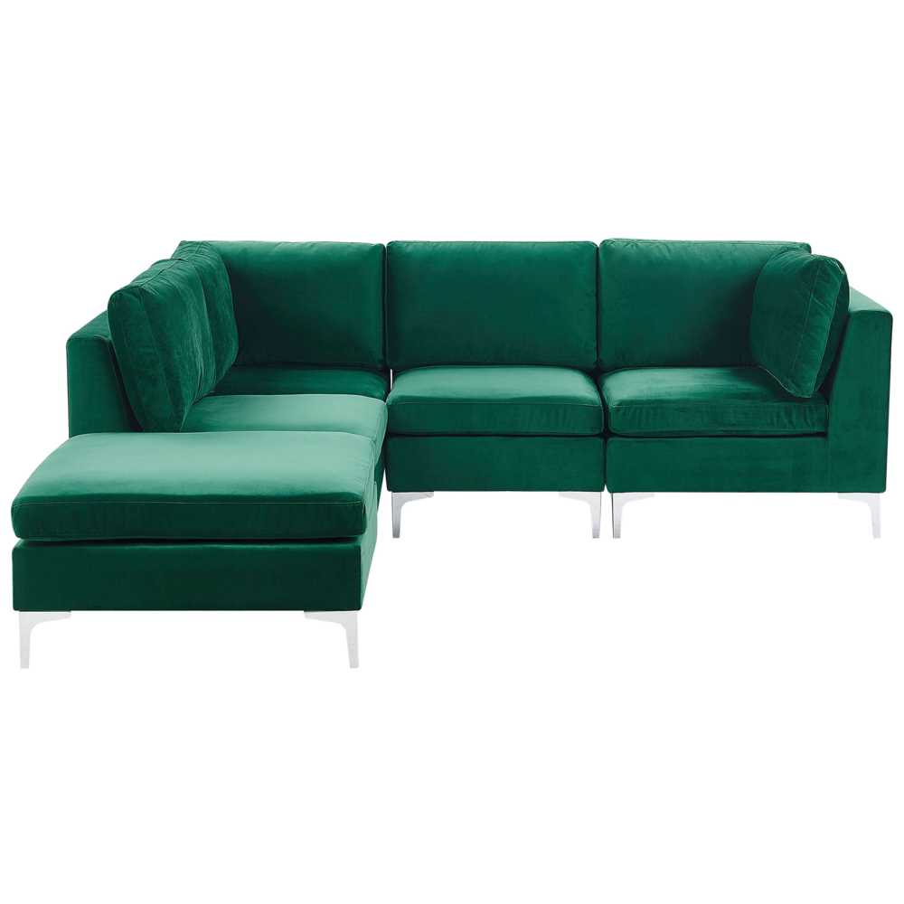 Beliani 4 vietų modulinė sofa EVJA, dešininė, žalia veliūrinė, su otomane
