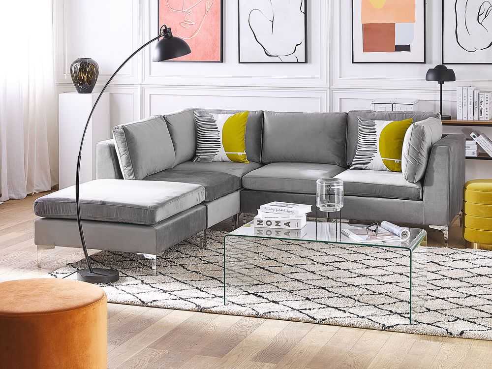 Beliani 4 vietų modulinė sofa EVJA, dešininė, pilka, veliūrinė, su otomane