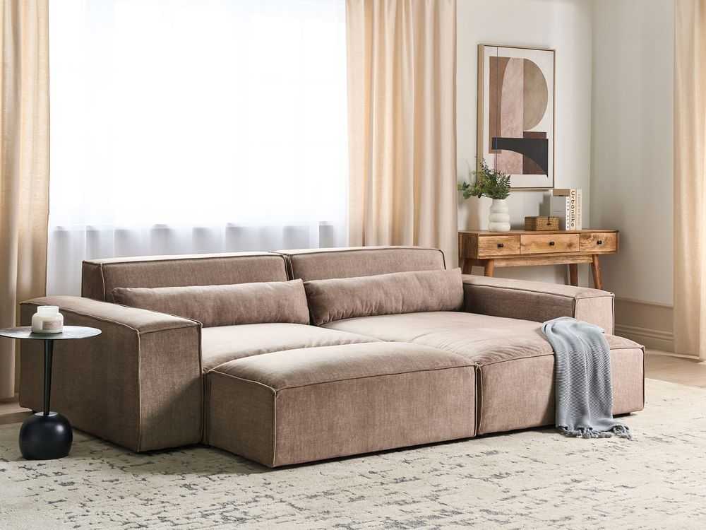 Beliani HELLNAR modulinė kampinė sofa 3 vietų su pufu, šviesiai ruda, kairinė