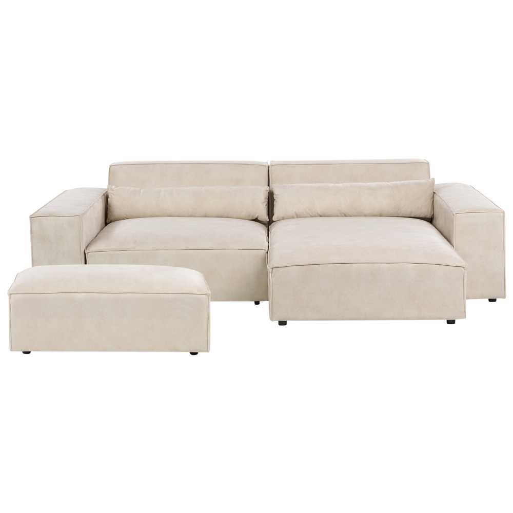 Beliani Modulinė 3 vietų kampinė sofa HELLNAR su otomana, veliūras, šviesiai smėlio spalvos, kairinė