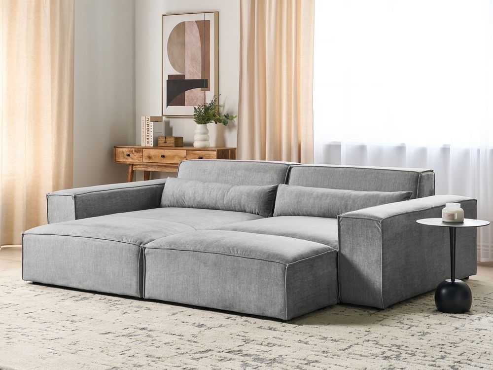 Beliani Modulinė 3 vietų kampinė sofa HELLNAR dešininė, pilka su otomane