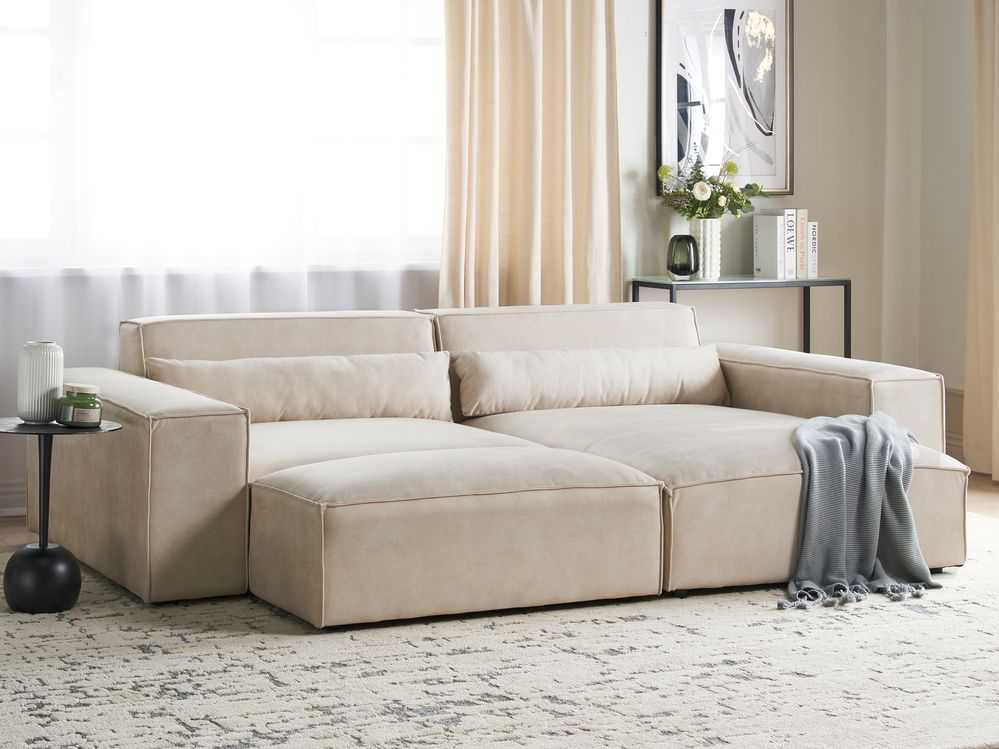 Beliani Modulinė 3 vietų kampinė sofa HELLNAR su otomana, veliūras, šviesiai smėlio spalvos, kairinė