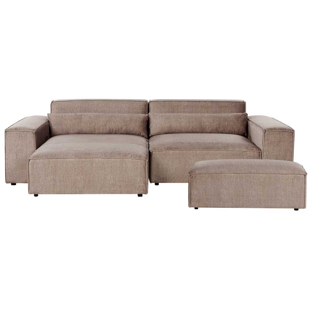 Beliani 3 vietų modulinė kampinė sofa HELLNAR su pufu, šviesiai ruda, dešininė