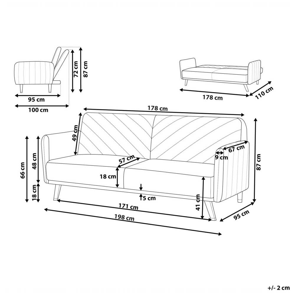 Beliani Trivietė išskleidžiama sofa SENJA, veliūras, smėlio spalvos
