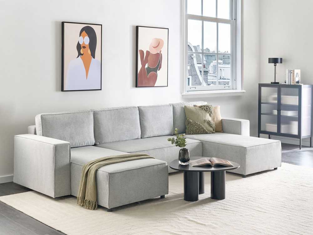 Beliani U formos išskleidžiama sofa 4 asmenims VATNE šviesiai pilka su daiktadėže