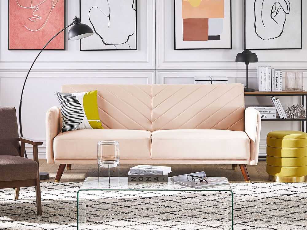 Beliani Trivietė išskleidžiama sofa SENJA, veliūras, smėlio spalvos