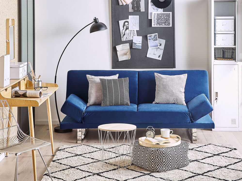 Beliani Dvivietė išskleidžiama sofa YORK iš veliūro, tamsiai mėlyna