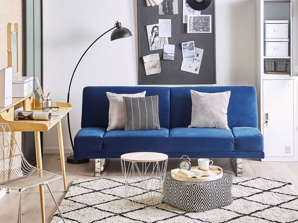 Beliani Dvivietė išskleidžiama sofa YORK iš veliūro, tamsiai mėlyna