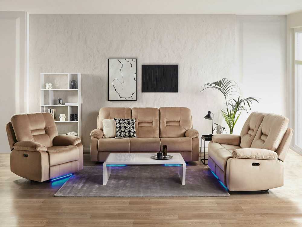 Beliani Dvivietė sofa su elektrine relaksacijos funkcija BERGEN veliūrinė šviesiai smėlio spalvos su USB prievadu