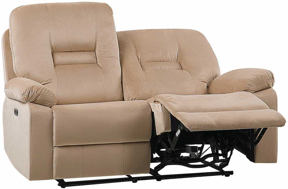 Beliani Dvivietė sofa su elektrine relaksacijos funkcija BERGEN veliūrinė šviesiai smėlio spalvos su USB prievadu
