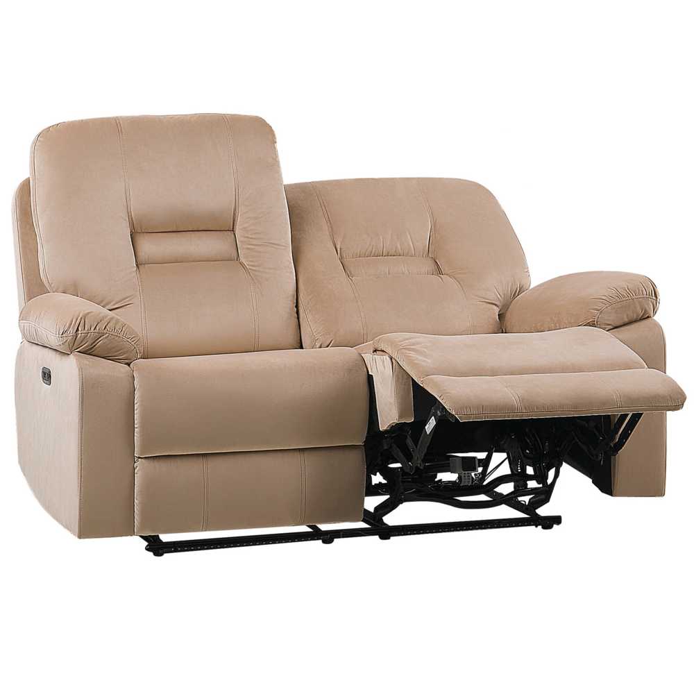Beliani Dvivietė sofa su elektrine relaksacijos funkcija BERGEN veliūrinė šviesiai smėlio spalvos su USB prievadu