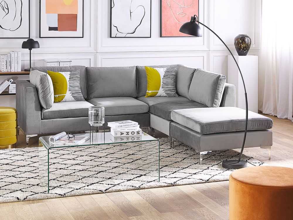 Beliani 4 vietų modulinė sofa EVJA, kairinė, pilkas veliūras su otomane