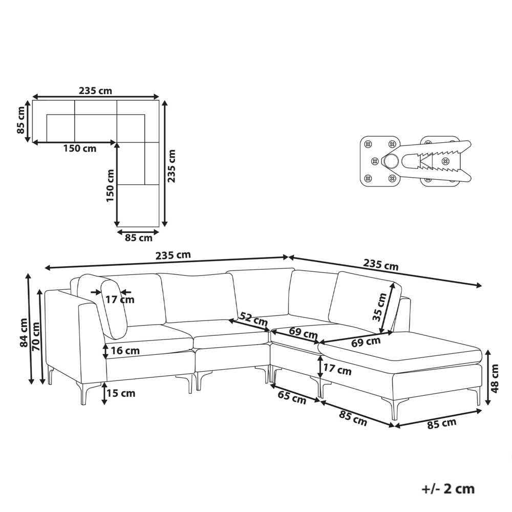 Beliani 4 vietų modulinė sofa EVJA, kairinė, pilkas veliūras su otomane