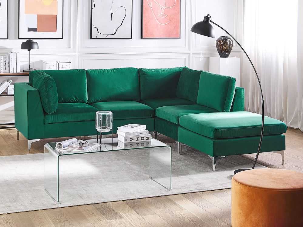 Beliani 4 vietų modulinė kampinė sofa EVJA kairinė, žalias veliūras su otomanu