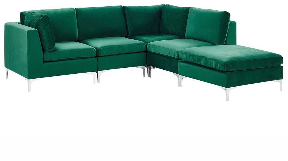 Beliani 4 vietų modulinė kampinė sofa EVJA kairinė, žalias veliūras su otomanu
