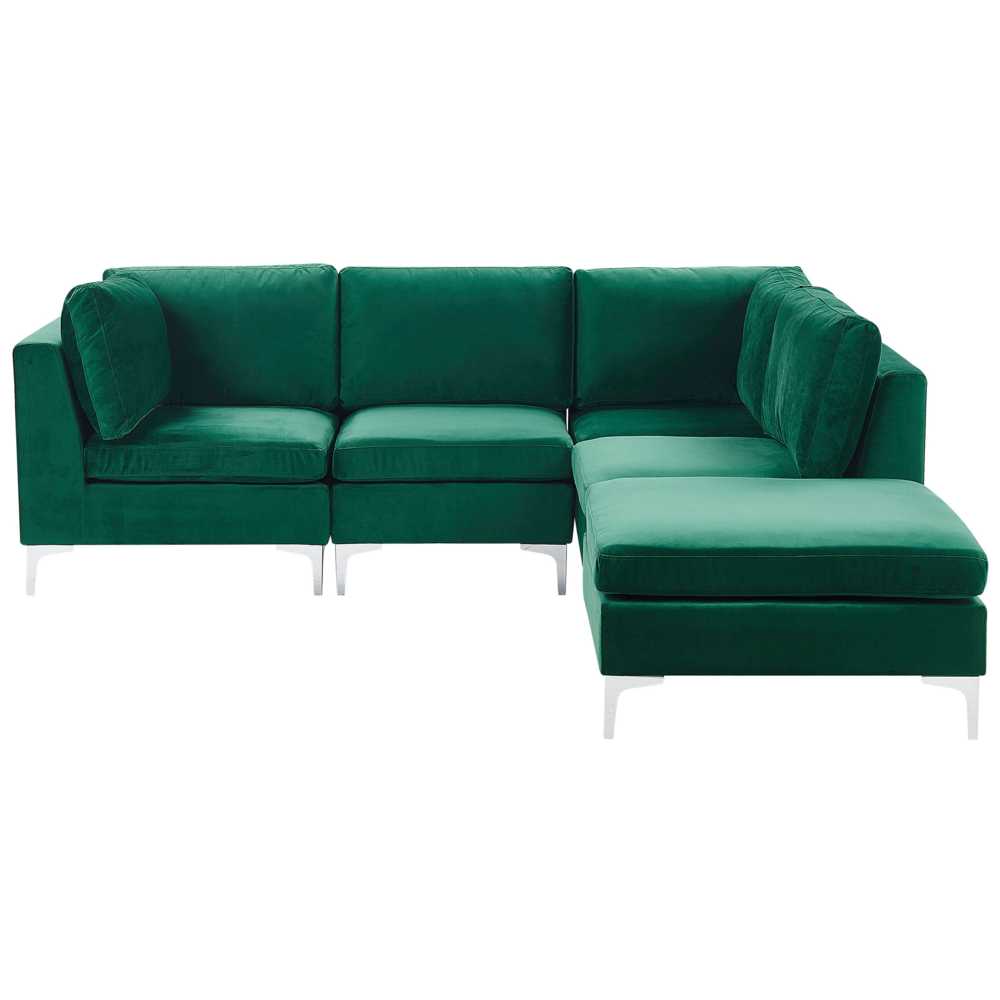 Beliani 4 vietų modulinė kampinė sofa EVJA kairinė, žalias veliūras su otomanu