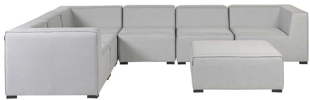 Lauko baldų komplektas Beliani Sodo kampinė sofa su pufu 7 asmenims AREZZO kairinė šviesiai pilka modulinė