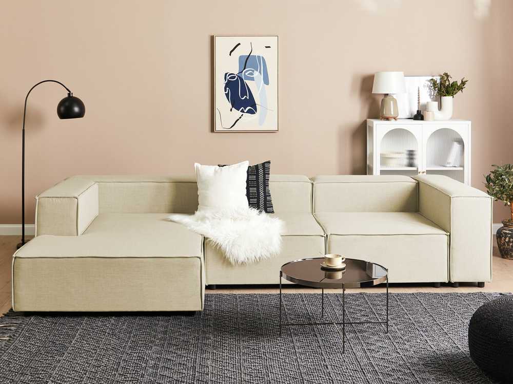 Sofa Beliani Šezlongas APRICA sintetinis linas smėlio spalvos