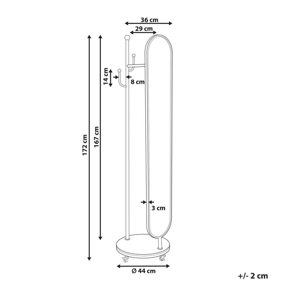 Beliani Drabužių kabykla su veidrodžiu LORENA 172 cm, metalinė, auksinė