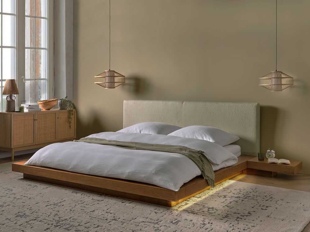 Beliani LED lova su Boucle ZEN 180 x 200 cm, natūralaus uosio spalvos