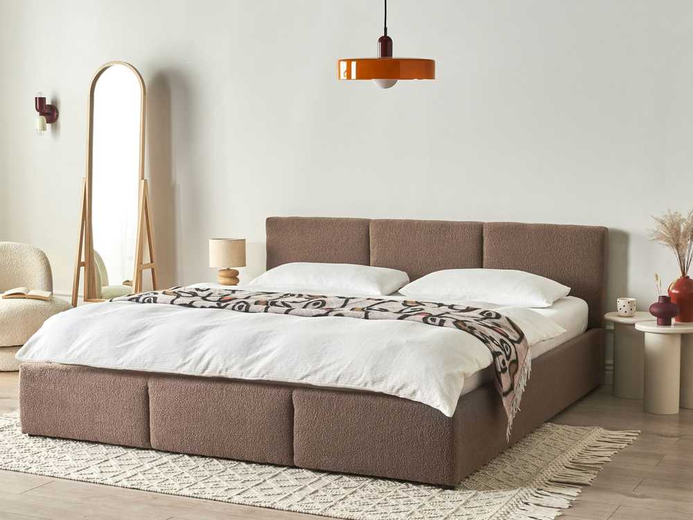 Beliani Lova su patalynės dėže BOUSSE Boucle smėlio pilkumo spalvos 180 x 200 cm
