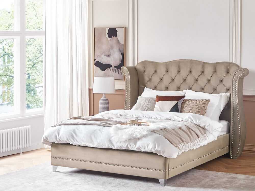 Beliani Dvigulė lova AYETTE 180 x 200 cm, smėlio spalvos veliūras