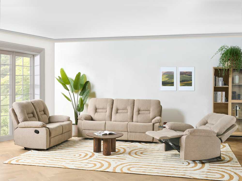 Sofa Beliani Poilsio baldų komplektas su mechanine relaksacijos funkcija 6 asmenims BERGEN smėlio spalvos