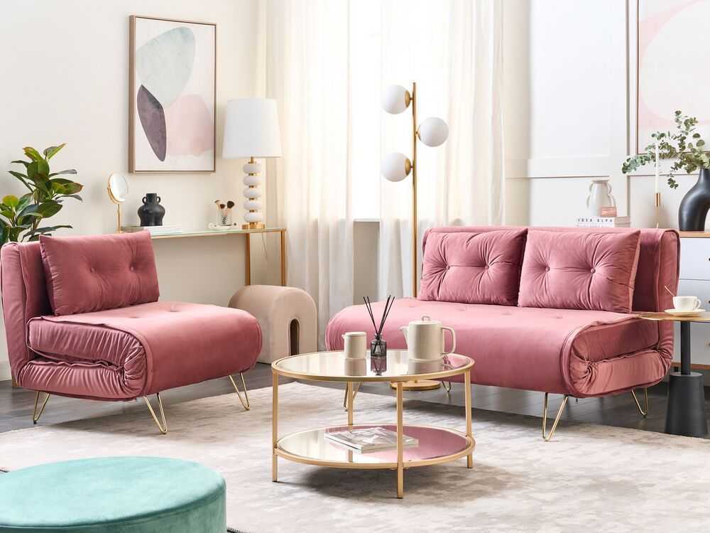 Sofa Beliani Poilsio komplektas 3 asmenims VESTFOLD, veliūras, rožinė