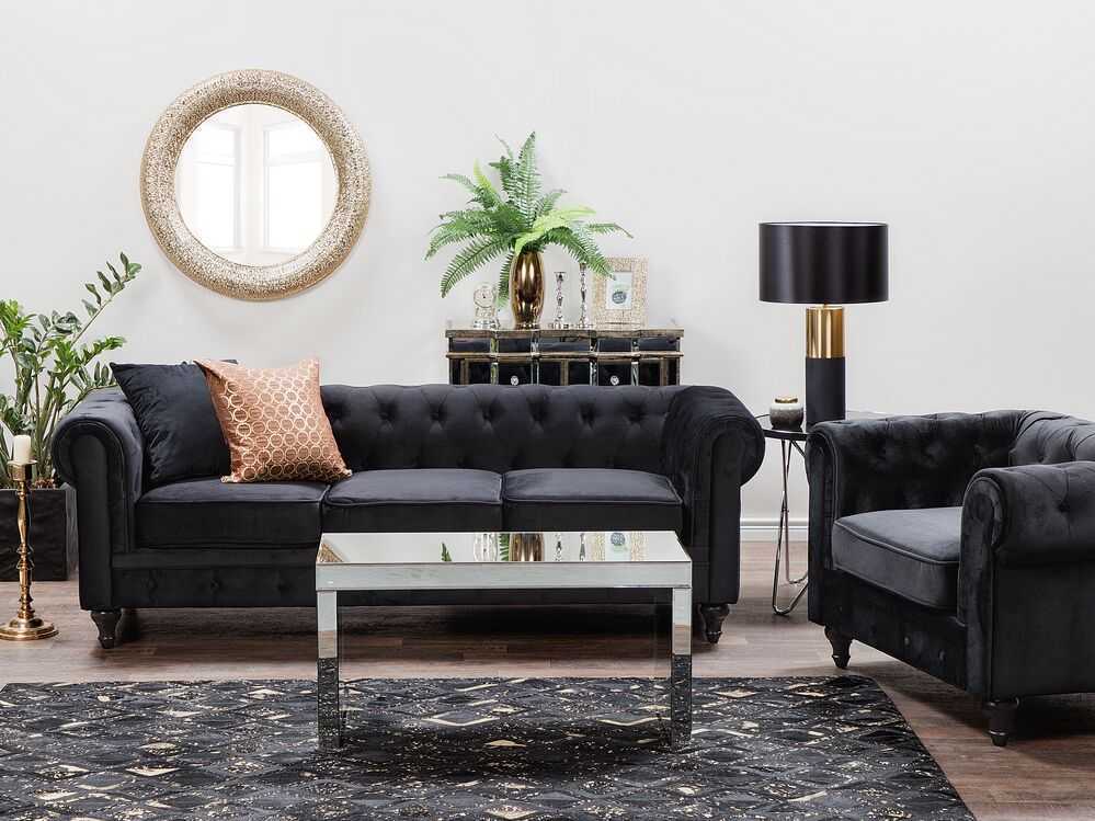 Sofa Beliani 4 vietų poilsio baldų komplektas CHESTERFIELD, veliūras, juodas
