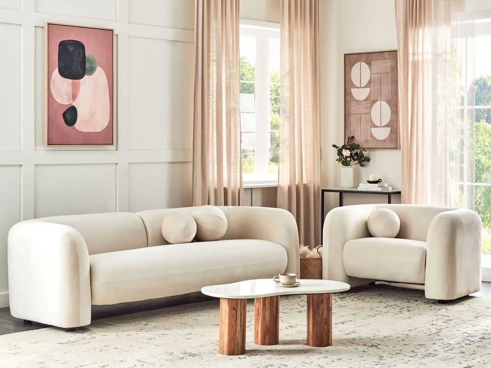 Sofa Beliani 4 asmenų poilsio baldų komplektas LEIREN, veliūras, kreminė balta spalva