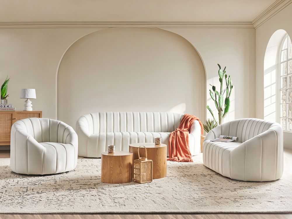 Sofa Beliani 6 vietų svetainės baldų komplektas MALUNG, veliūras, kreminė balta