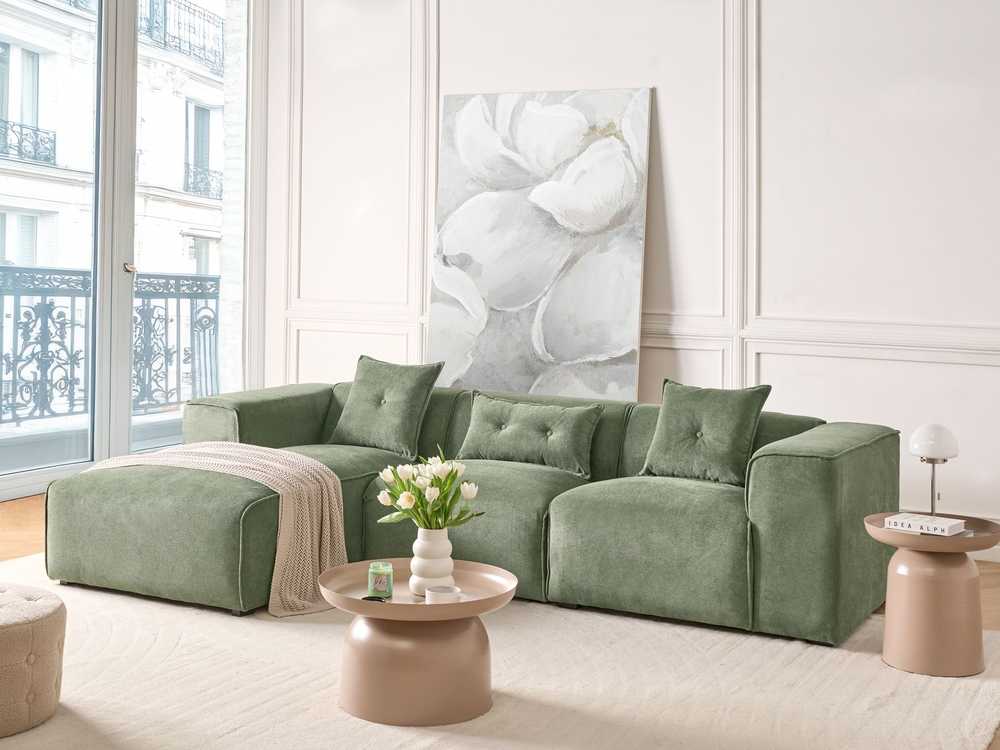 Beliani Trijų vietų kampinė sofa DOLVA, šenilinis audinys, tamsiai žalia, dešininė