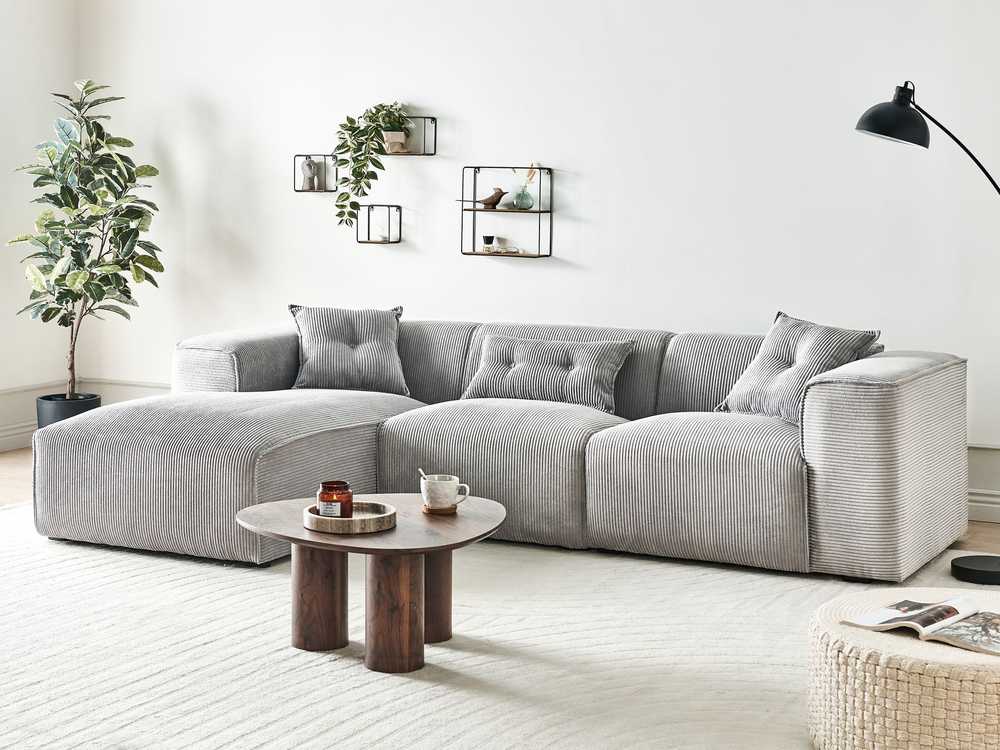 Beliani Trijų vietų kampinė sofa DOLVA, velvetas, šviesiai pilka, dešininė