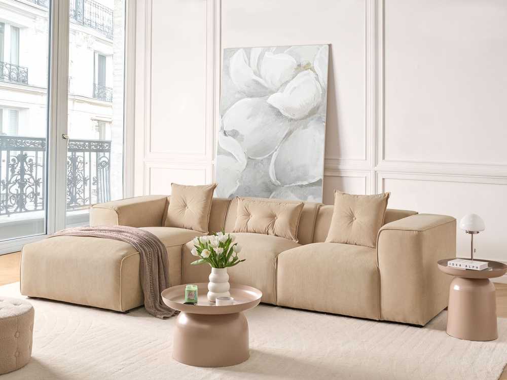 Beliani 3 vietų kampinė sofa DOLVA, velvetas, smėlio spalvos, dešininė