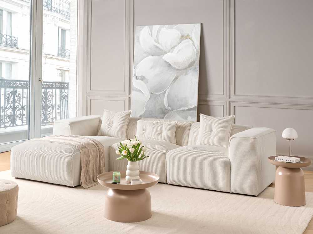 Beliani Trivietė kampinė sofa DOLVA iš velveto, kreminės spalvos, dešininė
