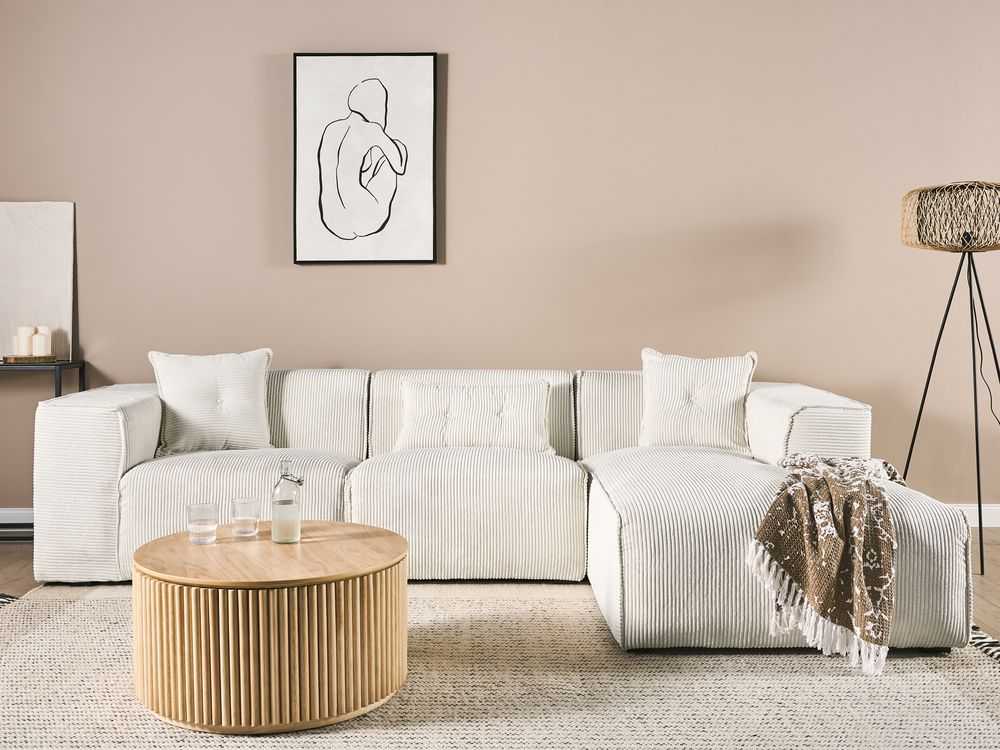 Beliani 3 vietų kampinė sofa DOLVA, velvetas, kreminė balta, kairinė