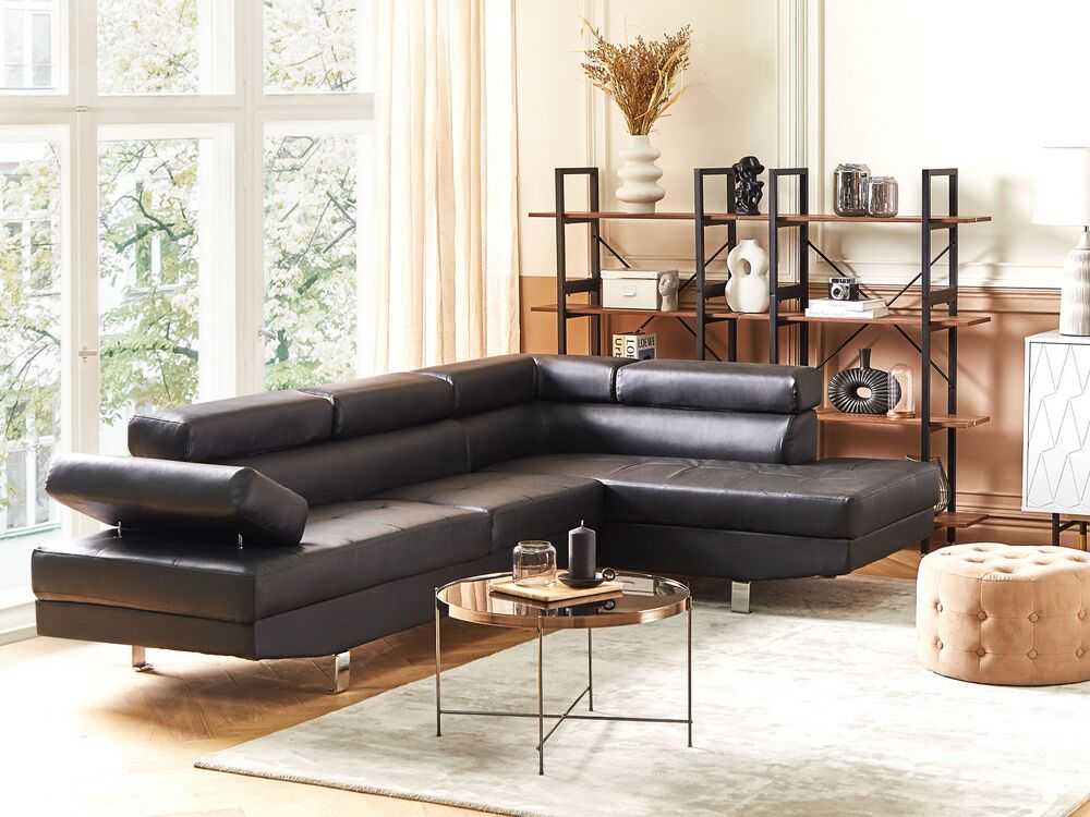 Beliani 5 vietų kampinė sofa NORREA, dirbtinė oda, juoda, kairinė