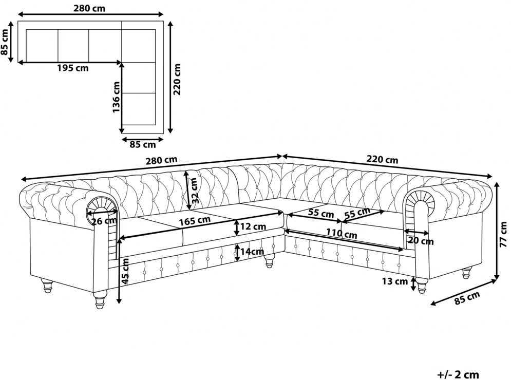 Beliani 6 vietų kampinė sofa CHESTERFIELD, pilka, kairinė