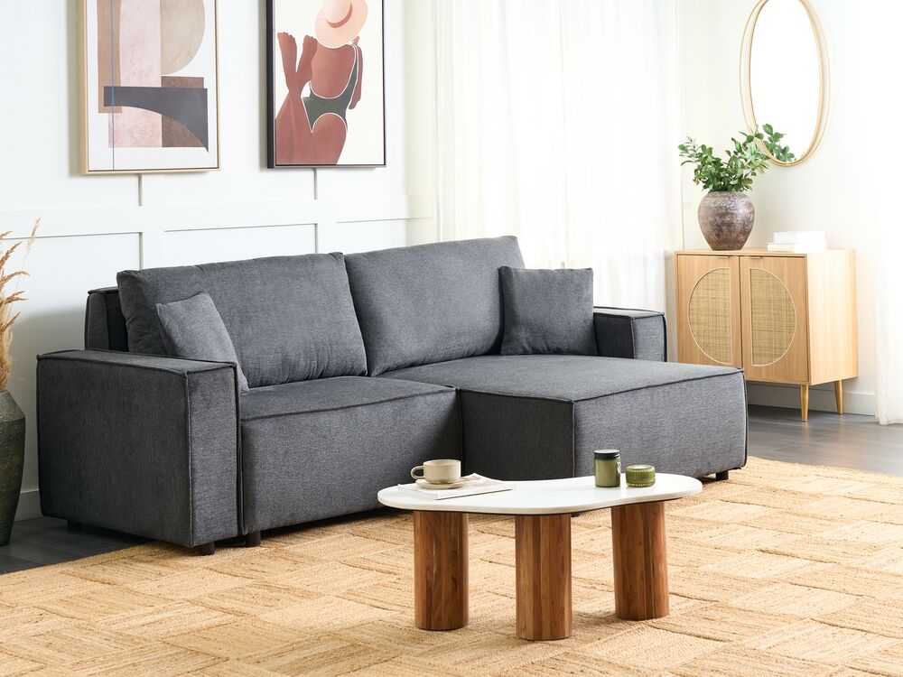 Beliani Išskleidžiama kampinė sofa KARILA, 3 vietų, tamsiai pilka, su patalynės dėže, kairinė