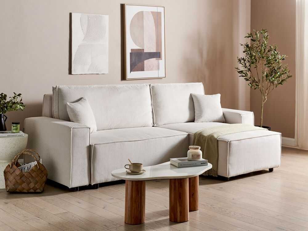 Sofa Beliani Išskleidžiamas kampe statomas 3 vietų sofos komplektas ABACKA, velvetas, kreminė balta, kairinė pusė