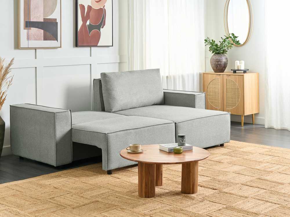 Beliani Išskleidžiama 3 vietų kampinė sofa KARILA, pilka, su daiktadėže, kairinė