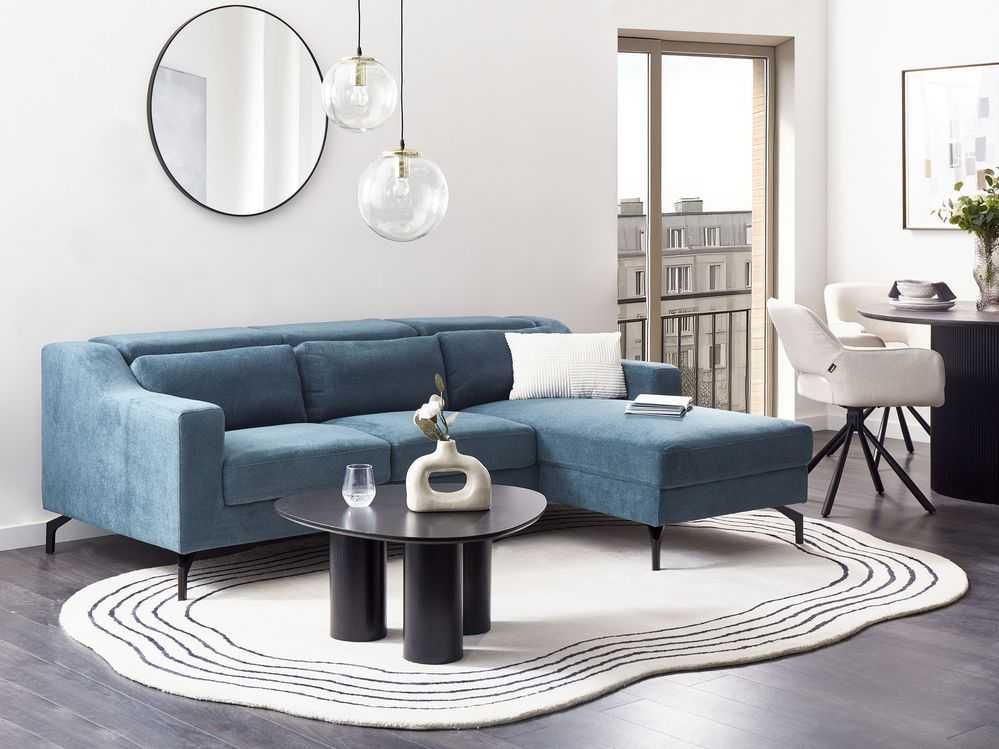 Beliani Keturvietė kampinė sofa GLOSLI tamsiai mėlyna, kairinė
